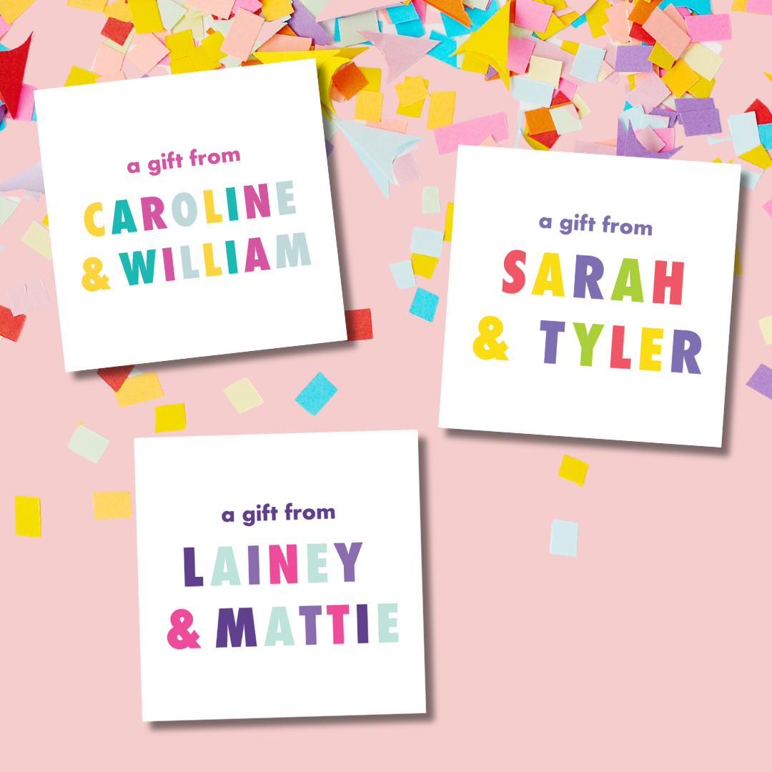 a gift from custom gift tag, girls custom gift tag, girl gift tag, custom gift tags for girls, bachelorette party gift tags, bridesmaid gift tags, rainbow gift tags, colorful custom boys gift tags, pink purple custom girls gift tags, bright colorful custom boys gift tags, gift tags for kids, gift tags for wedding favor