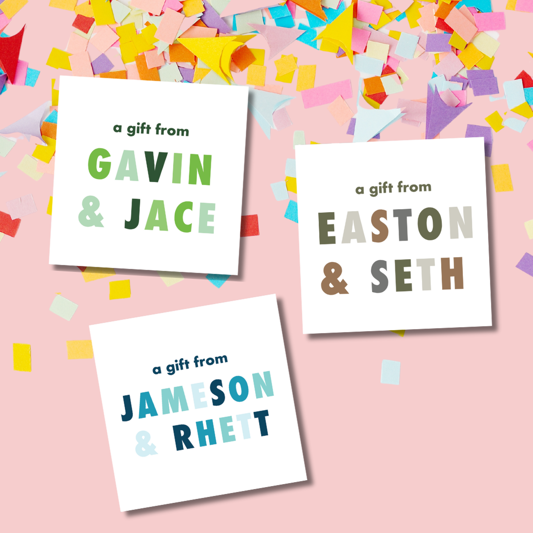 a gift from custom gift tag, girls custom gift tag, girl gift tag, custom gift tags for girls, bachelorette party gift tags, bridesmaid gift tags, rainbow gift tags, colorful custom boys gift tags, pink purple custom girls gift tags, bright colorful custom boys gift tags, gift tags for kids, gift tags for wedding favor