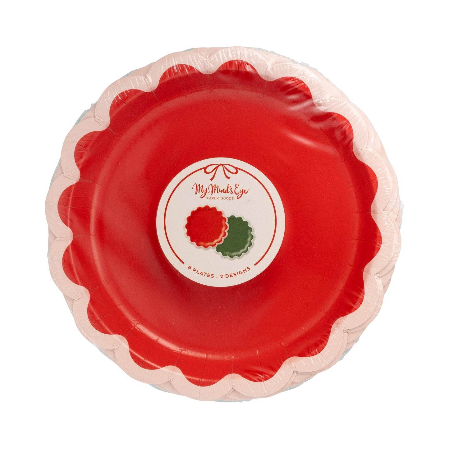 Red paper plate with decorative edge and 'My Mind's Eye' logo on a white background