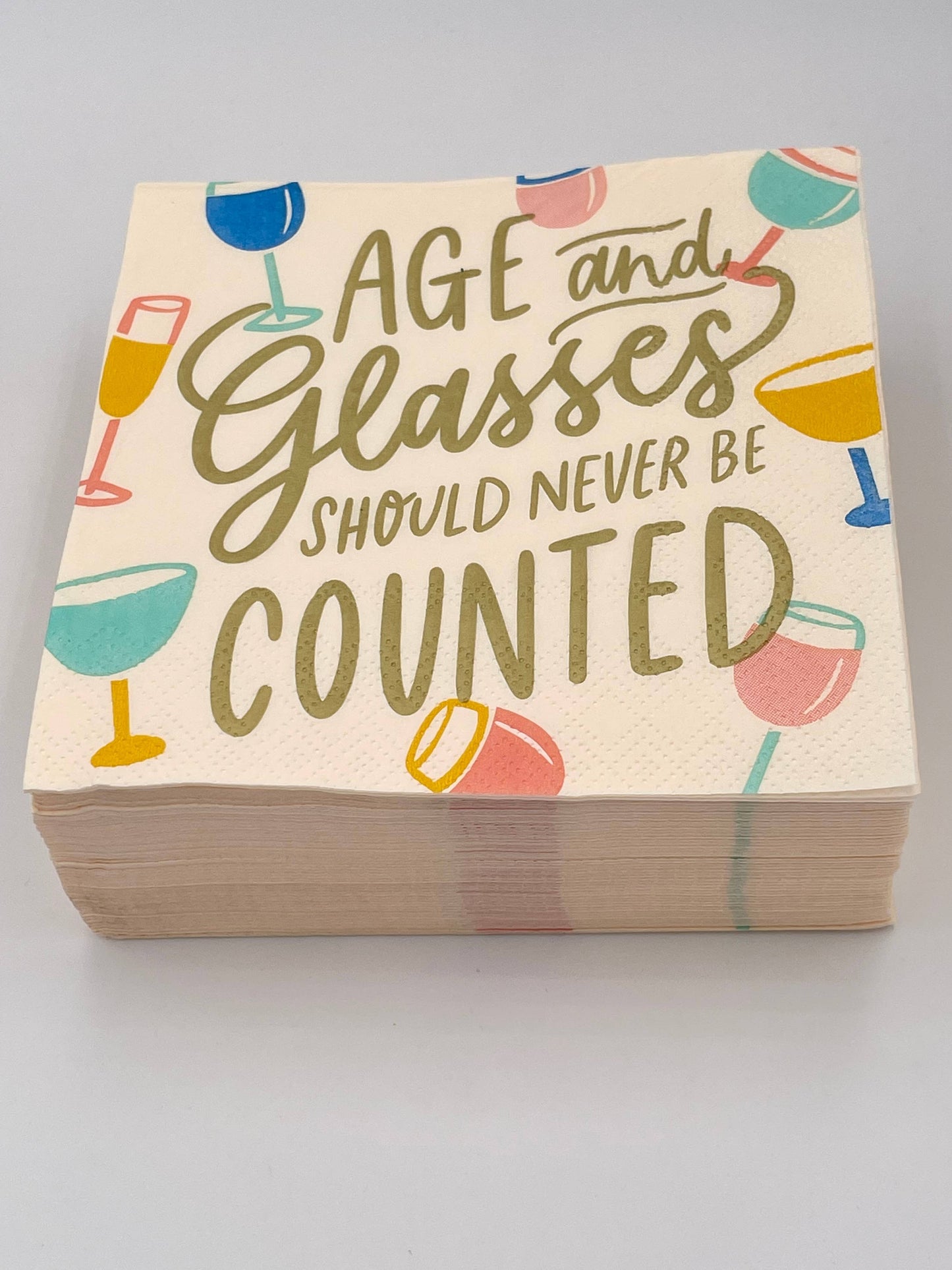 Add a touch of humor to your next birthday party with these "Age and Glasses of Wine Should Never Be Counted" cocktail napkins. These funny napkins are a great addition to any celebration and are sure to bring laughs (and maybe even some double meanings) to the table. Cheers to never taking ourselves too seriously! Paper Beverage/Appetizer/Cocktail Napkins/Disposable Paper Napkins for Parties and Entertainment/Party Supplies 20ct Dimensions: 3 ply 5" x 5"