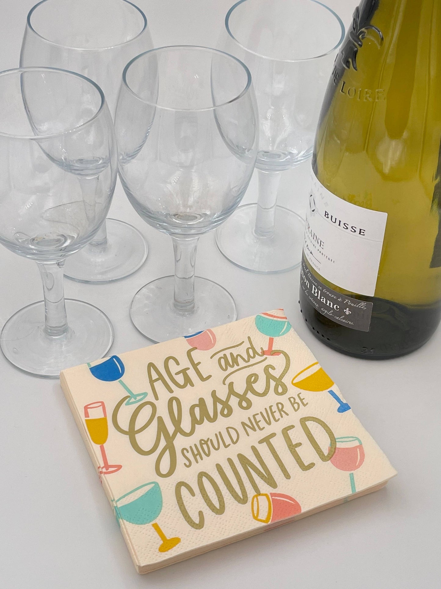 Add a touch of humor to your next birthday party with these "Age and Glasses of Wine Should Never Be Counted" cocktail napkins. These funny napkins are a great addition to any celebration and are sure to bring laughs (and maybe even some double meanings) to the table. Cheers to never taking ourselves too seriously! Paper Beverage/Appetizer/Cocktail Napkins/Disposable Paper Napkins for Parties and Entertainment/Party Supplies 20ct Dimensions: 3 ply 5" x 5"