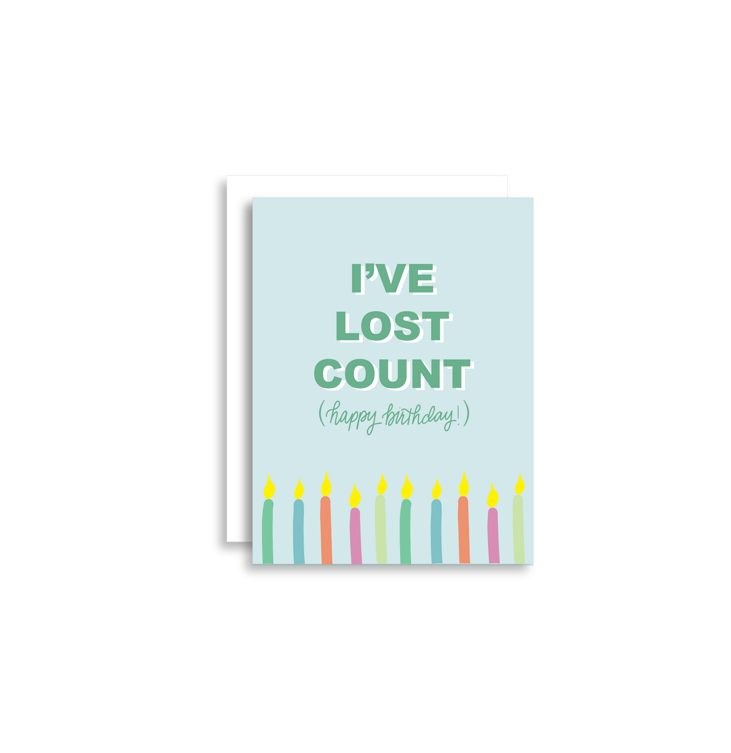 "I've lost count" birthday card is a simple but fun way to let someone know you are thinking about them on their special day.  Each card is folded to 4.25" tall by 5.5" wide, is blank inside and comes with a matching white envelope. Cards are packaged in cellophane sleeves.
