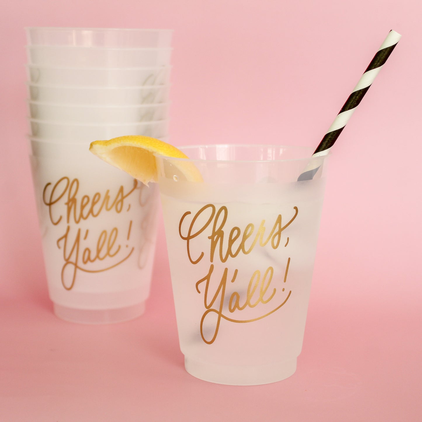 Cheers Y’all Party Cups – reusable frosted cups for Thanksgiving parties and Friendsgiving, frost flex, shatterproof and dishwasher safe cups with "cheers y'all!" printed in metallic gold, perfect for thanksgiving, friendsgiving or holiday cocktails