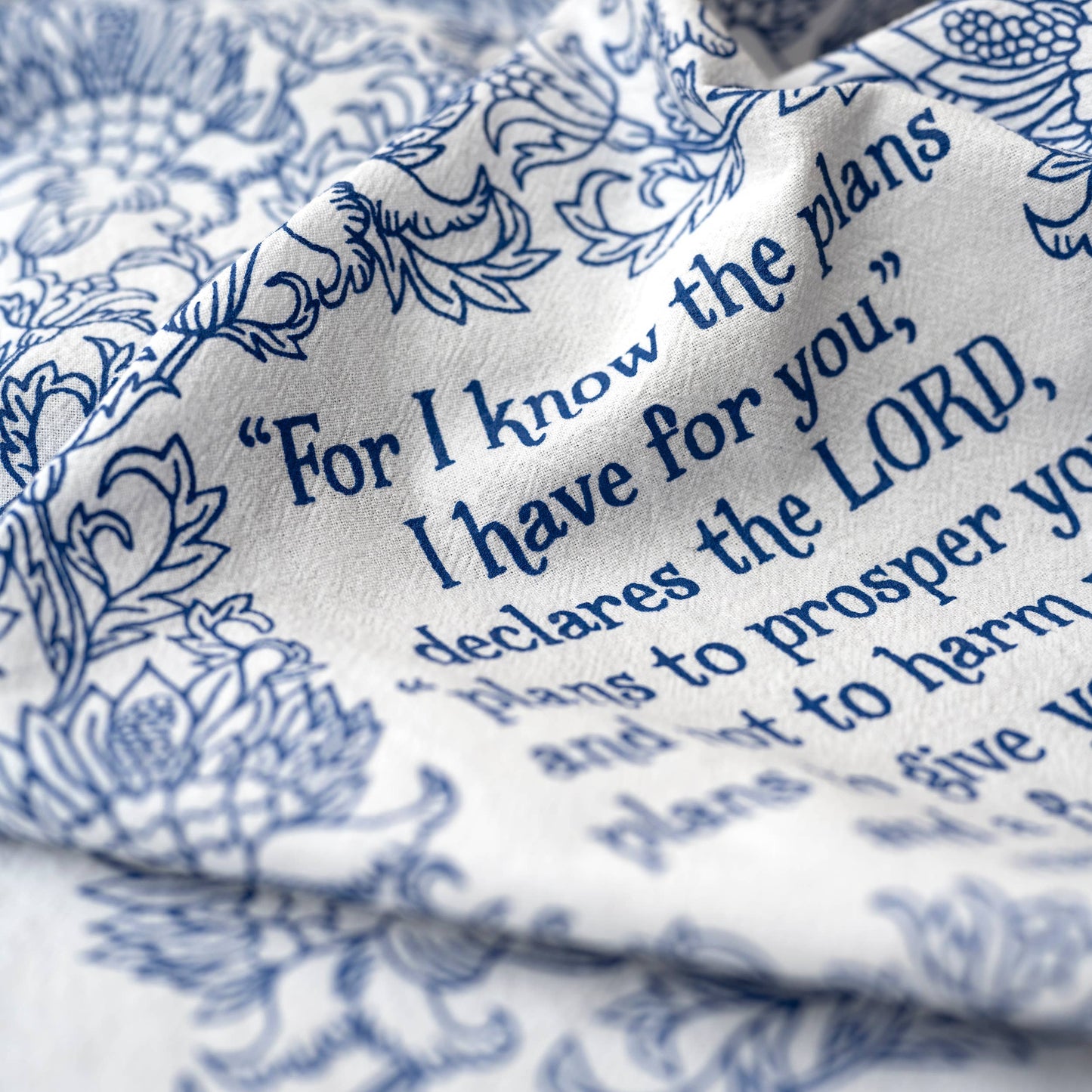 Made in USA scripture tea towel screen printed in diode blue on clean white cotton
