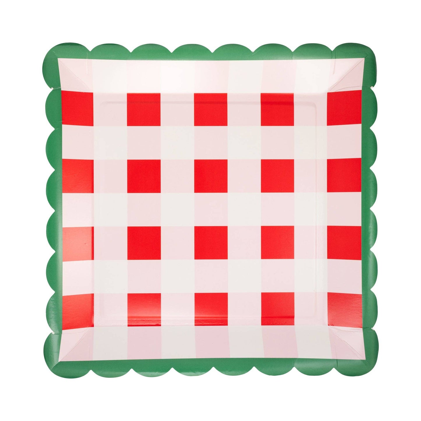 Checkered paper plate with red and white squares and green border on a white background
