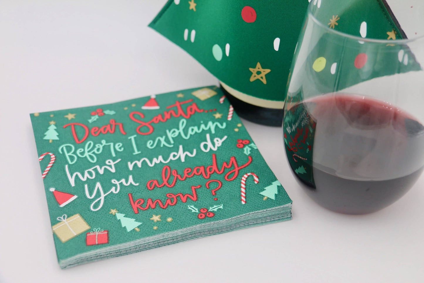 Get ready to laugh with these Santa, How Much Do You Know? Cocktail Napkins! With a pack of 20 3-ply napkins measuring 5"x5", these funny Christmas napkins will add a touch of humor to your holiday party. Cheers to that! Festive Themed Beverage/Appetizer/Cocktail Napkins/Disposable Napkins for Holiday Parties and Entertainment
20 Napkins
3 ply
5" x 5"