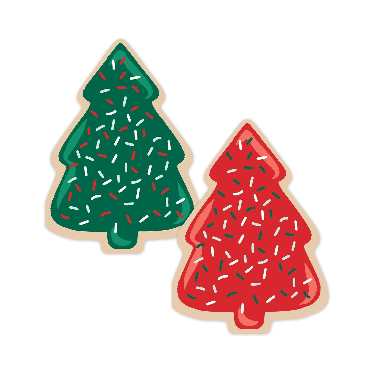 Two Christmas napkins that are tree-shaped cookies with sprinkles on a white background