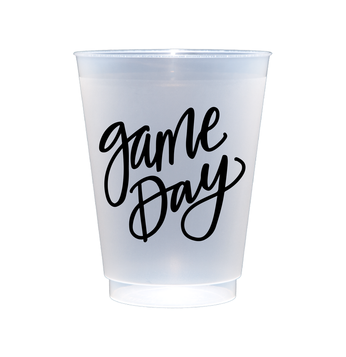 clear plastic party cup with black game day script