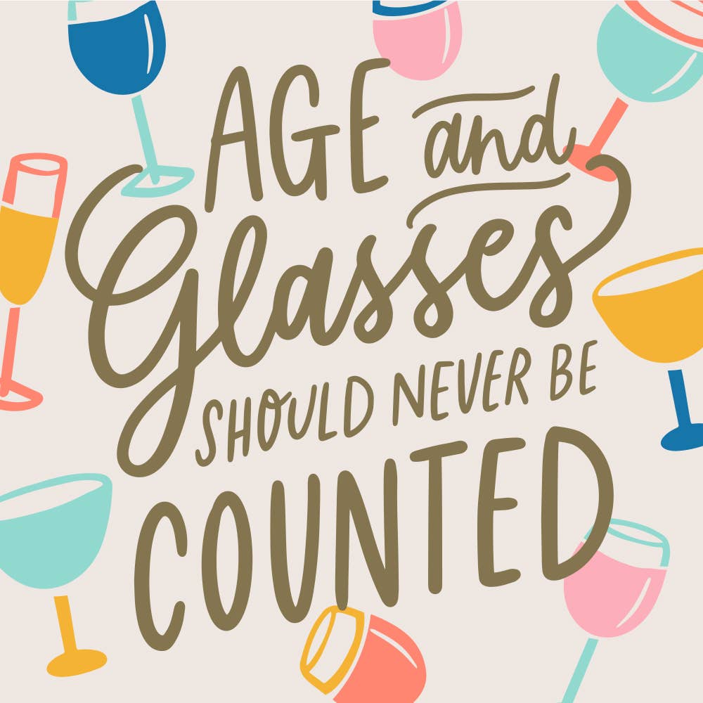 Add a touch of humor to your next birthday party with these "Age and Glasses of Wine Should Never Be Counted" cocktail napkins. These funny napkins are a great addition to any celebration and are sure to bring laughs (and maybe even some double meanings) to the table. Cheers to never taking ourselves too seriously! Paper Beverage/Appetizer/Cocktail Napkins/Disposable Paper Napkins for Parties and Entertainment/Party Supplies 20ct Dimensions: 3 ply 5" x 5"