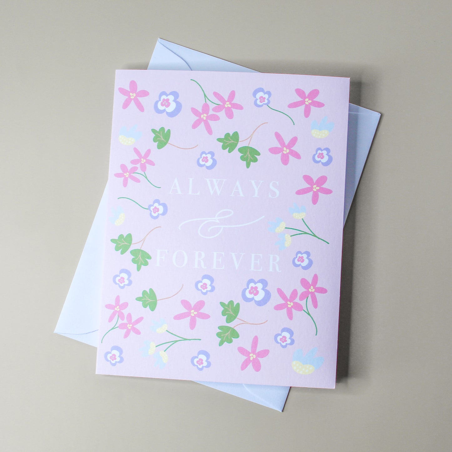 Always & Forever' greeting card, perfectly suited for anniversaries, weddings, or Valentine's Day. Measuring at 4.25" in height by 5.5" in width, each card provides ample space for your personal message inside