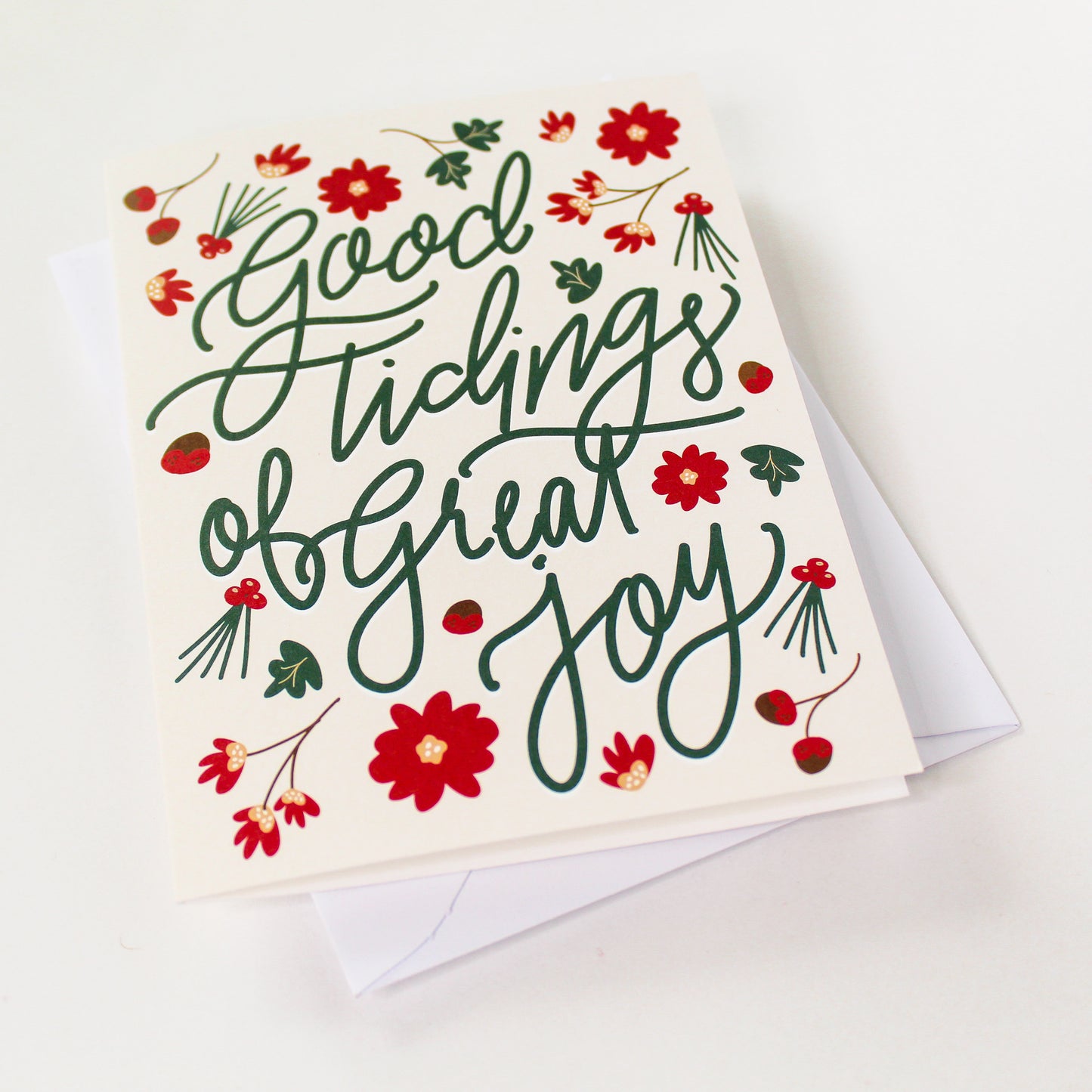 "Good Tidings of Great Joy" Christmas Greeting Card is a festive way to bring joy during the holiday season. Each card is folded to 4.25" tall by 5.5" wide, is blank inside and comes with a matching white envelope. Cards are packaged in cellophane sleeves. 