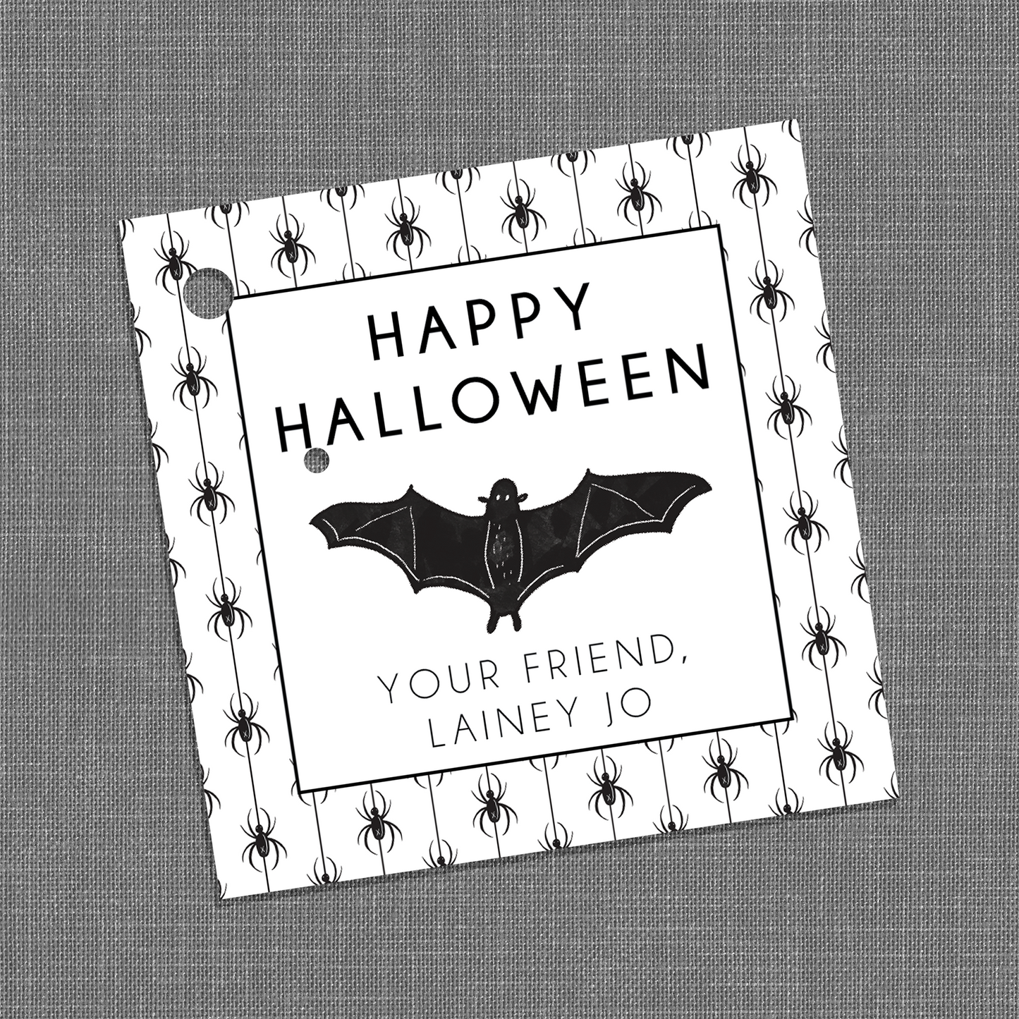customizable "Happy Halloween!" gift tags, Halloween gift tag with bat and spiders