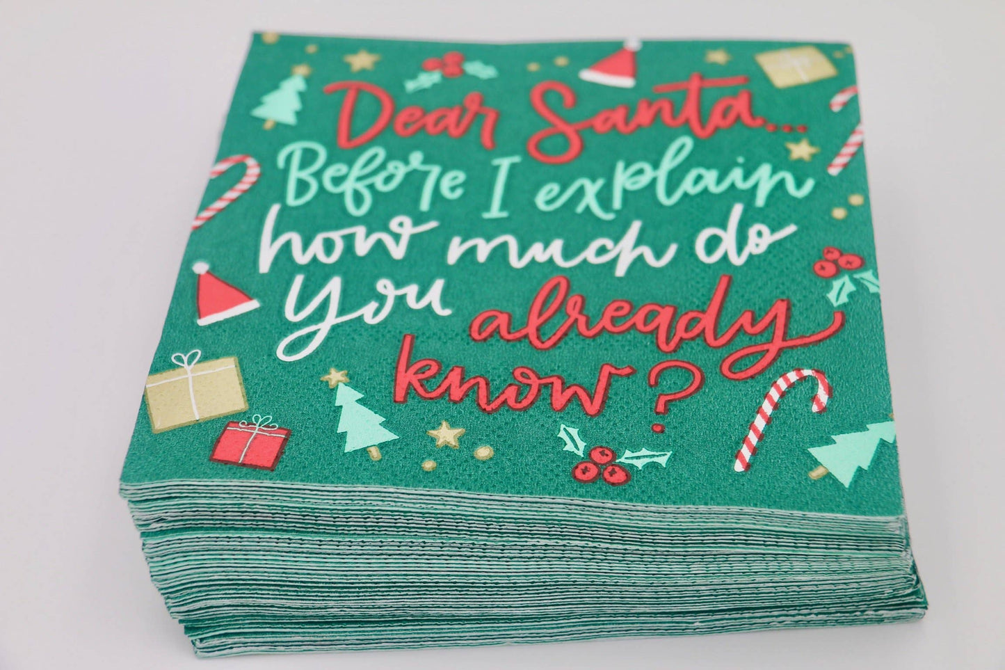 Get ready to laugh with these Santa, How Much Do You Know? Cocktail Napkins! With a pack of 20 3-ply napkins measuring 5"x5", these funny Christmas napkins will add a touch of humor to your holiday party. Cheers to that! Festive Themed Beverage/Appetizer/Cocktail Napkins/Disposable Napkins for Holiday Parties and Entertainment
20 Napkins
3 ply
5" x 5"