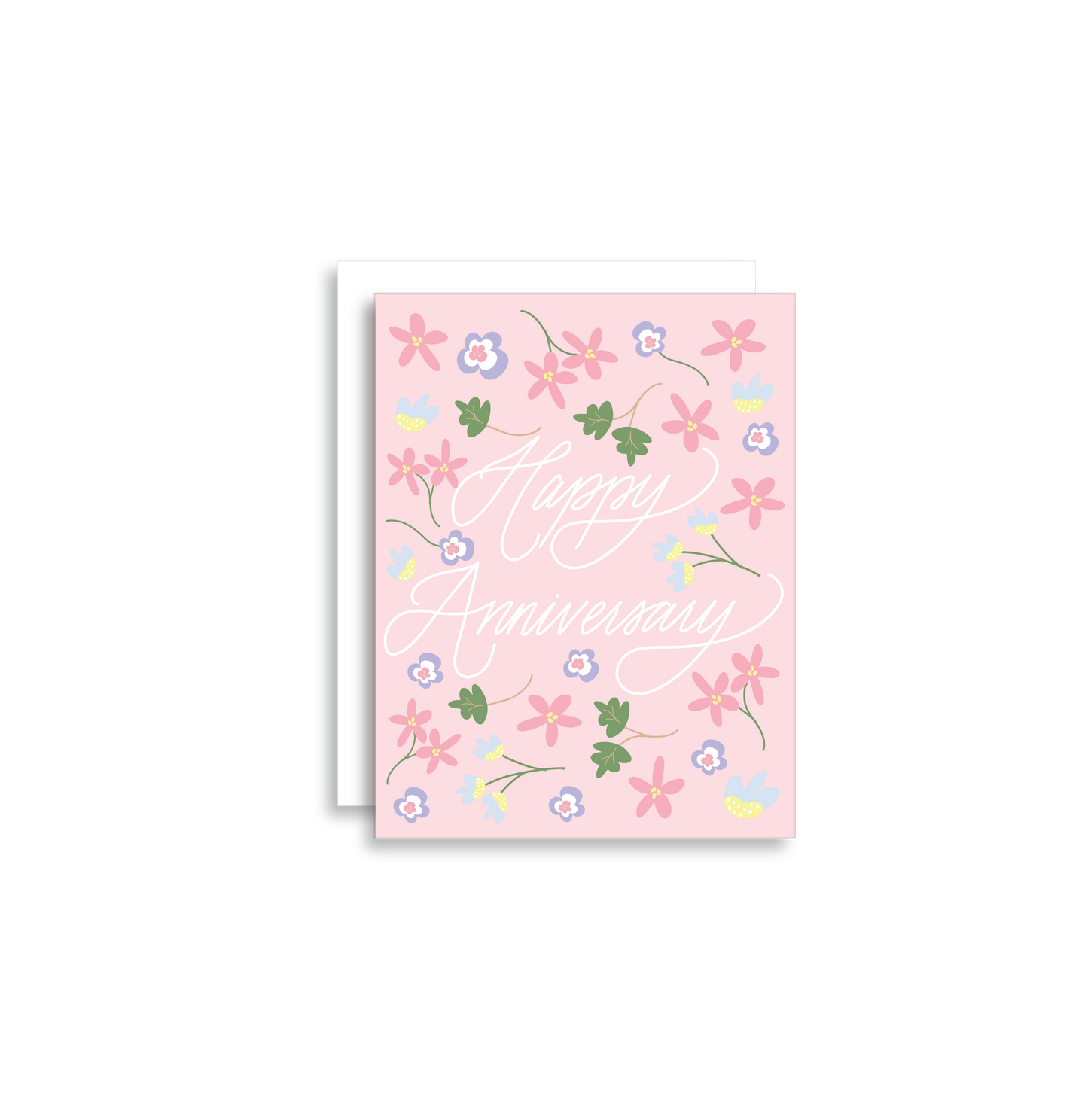 Our "Happy Anniversary" greeting card is too cute! Each card is folded to 4.25" tall by 5.5" wide, is blank inside and comes with a matching white envelope. Cards are packaged in cellophane sleeves.