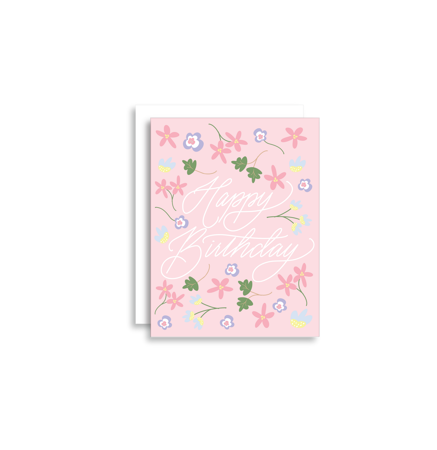 Our "Happy Birthday" card is too cute! Each card is folded to 4.25" tall by 5.5" wide, is blank inside and comes with a matching white envelope. Cards are packaged in cellophane sleeves.