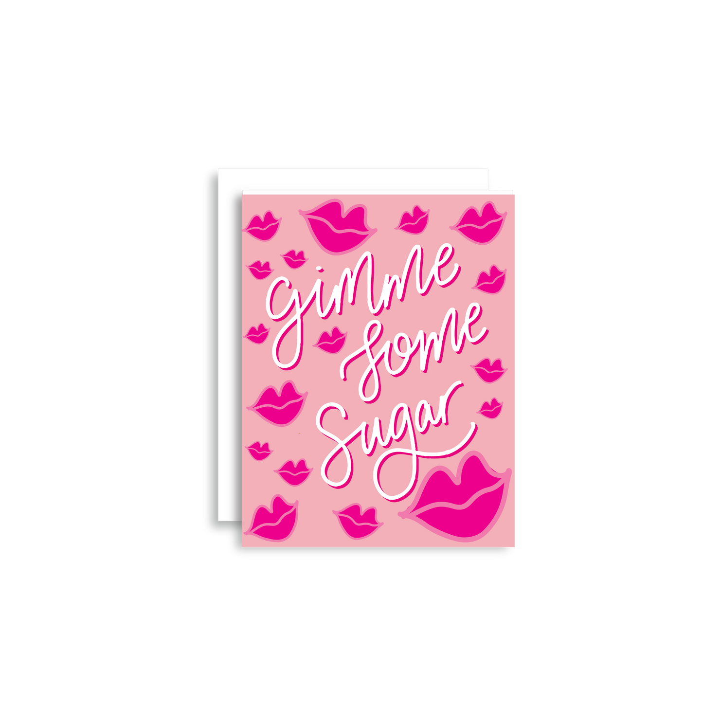 Our "Gimme Some Sugar" Valentine's Day card features hand drawn kissy lips on a pink background - it is perfect for a kid or adult! Each card is folded to 4.25" tall by 5.5" wide, is blank inside and comes with a matching white envelope. Cards are packaged in cellophane sleeves.