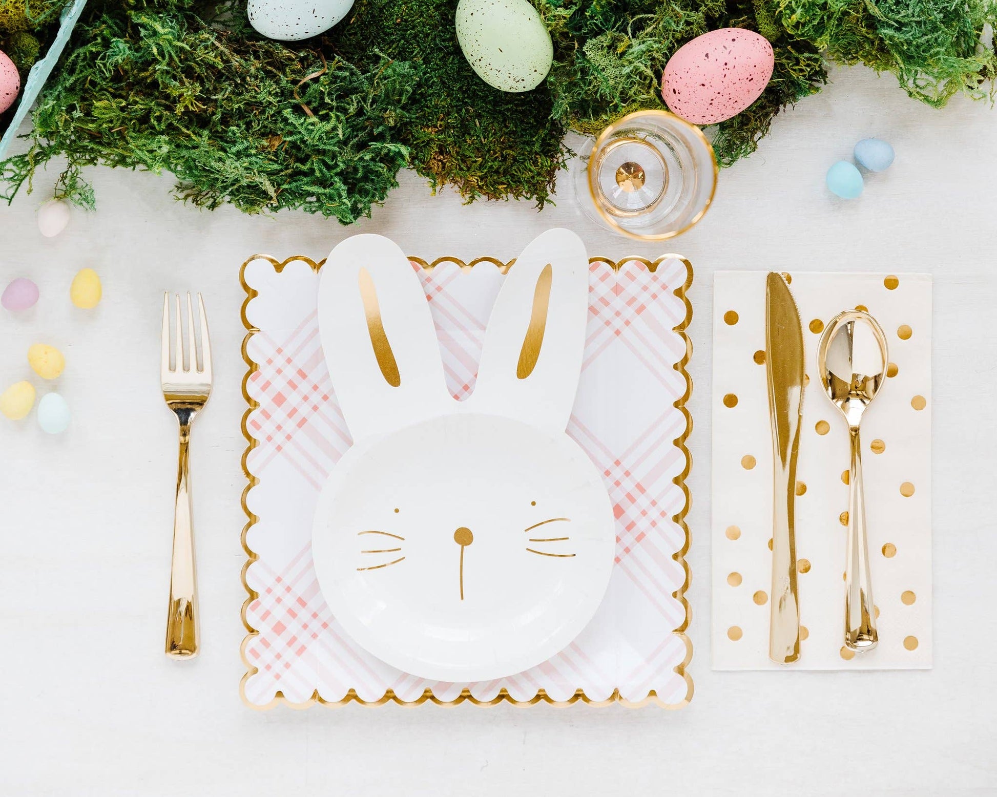 Celebrate Easter in style with these charming bunny plates, embellished with shiny gold accents. They perfectly complement our Scattered Carrots Plate and Blush Napkins for a truly unforgettable Easter gathering., bunny plates, easter party, easter bunny plates, easter brunch, easter decor, spring plates