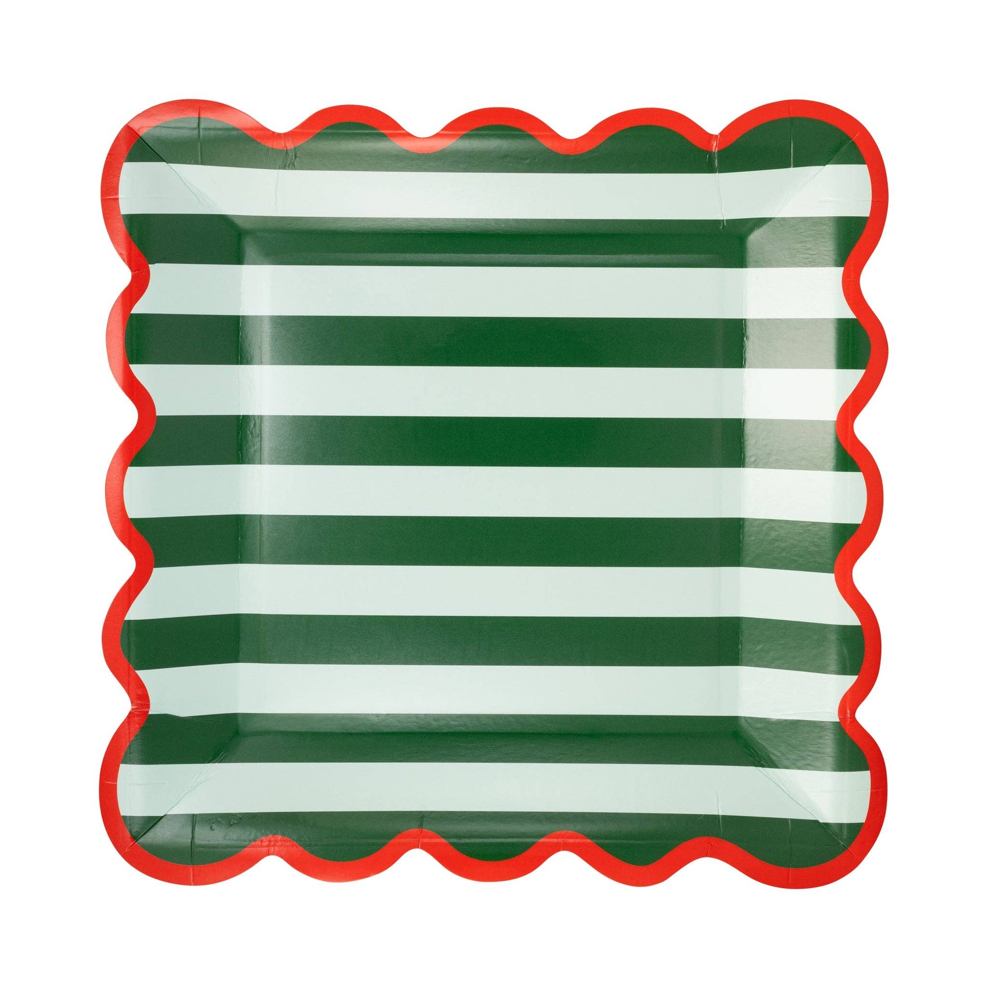 Green and white striped paper plate with red rim on a white background