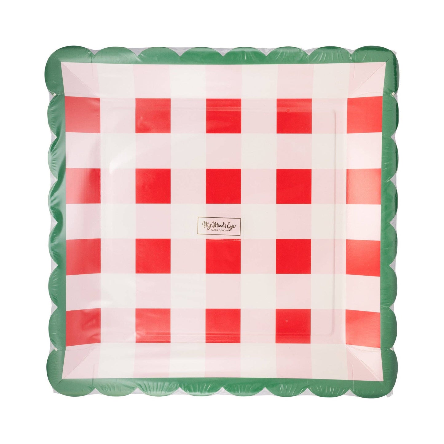 Inflatable checkered mat with red and white squares and green border on a white background
