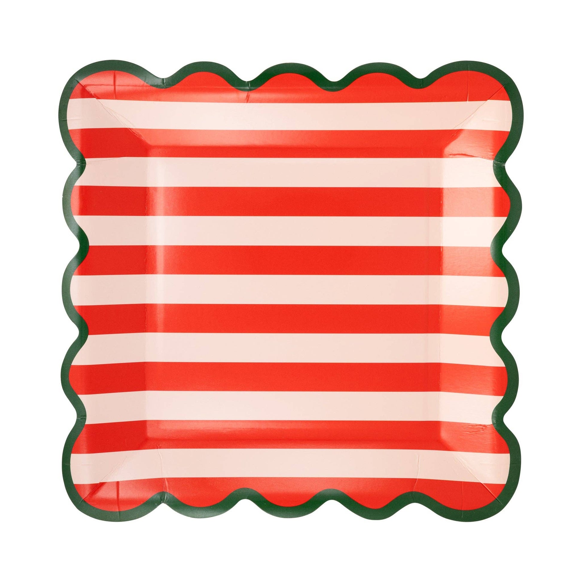 Red and white striped paper plate  with green rim on a white background