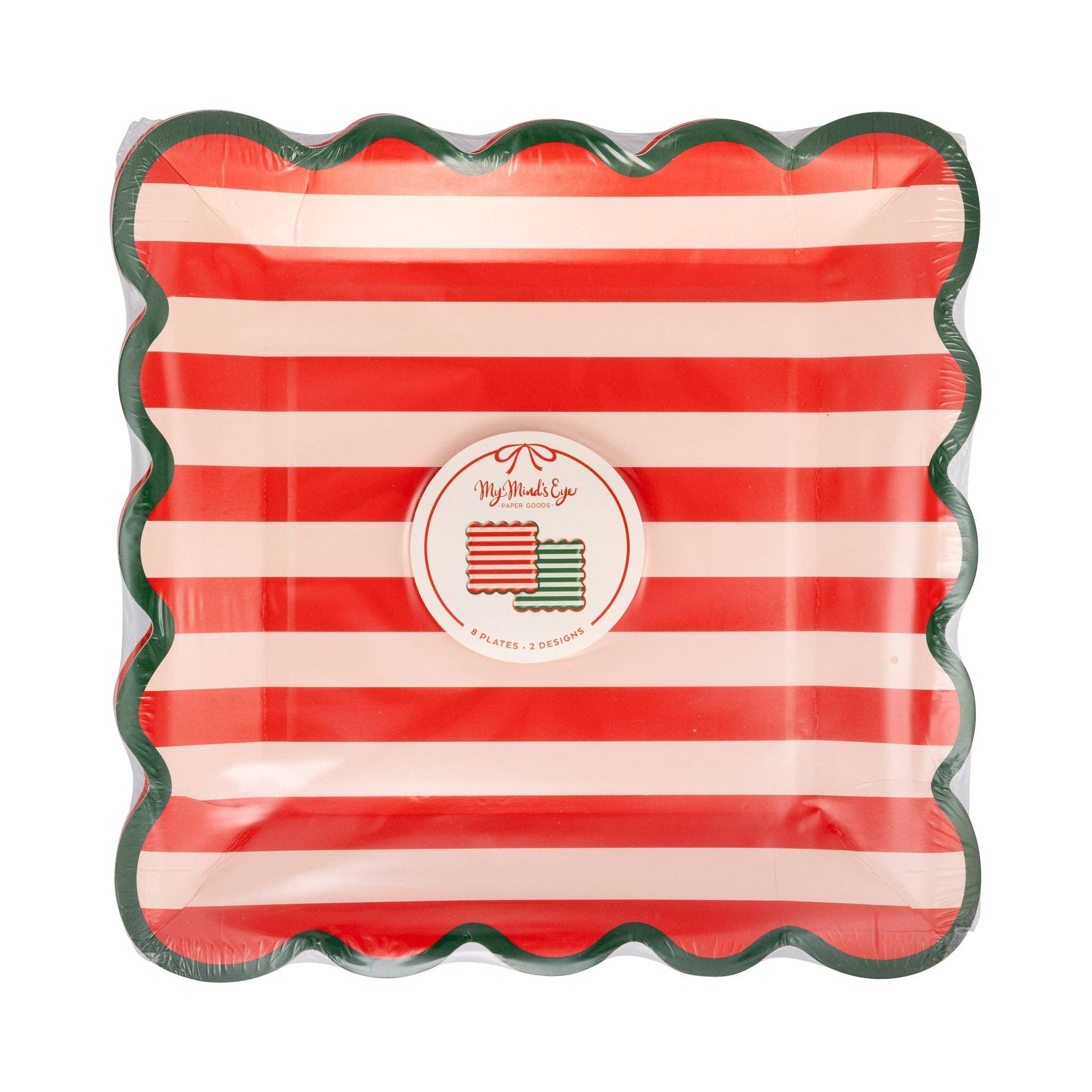 Red and white striped plate with scalloped edge and brand logo on a white background
