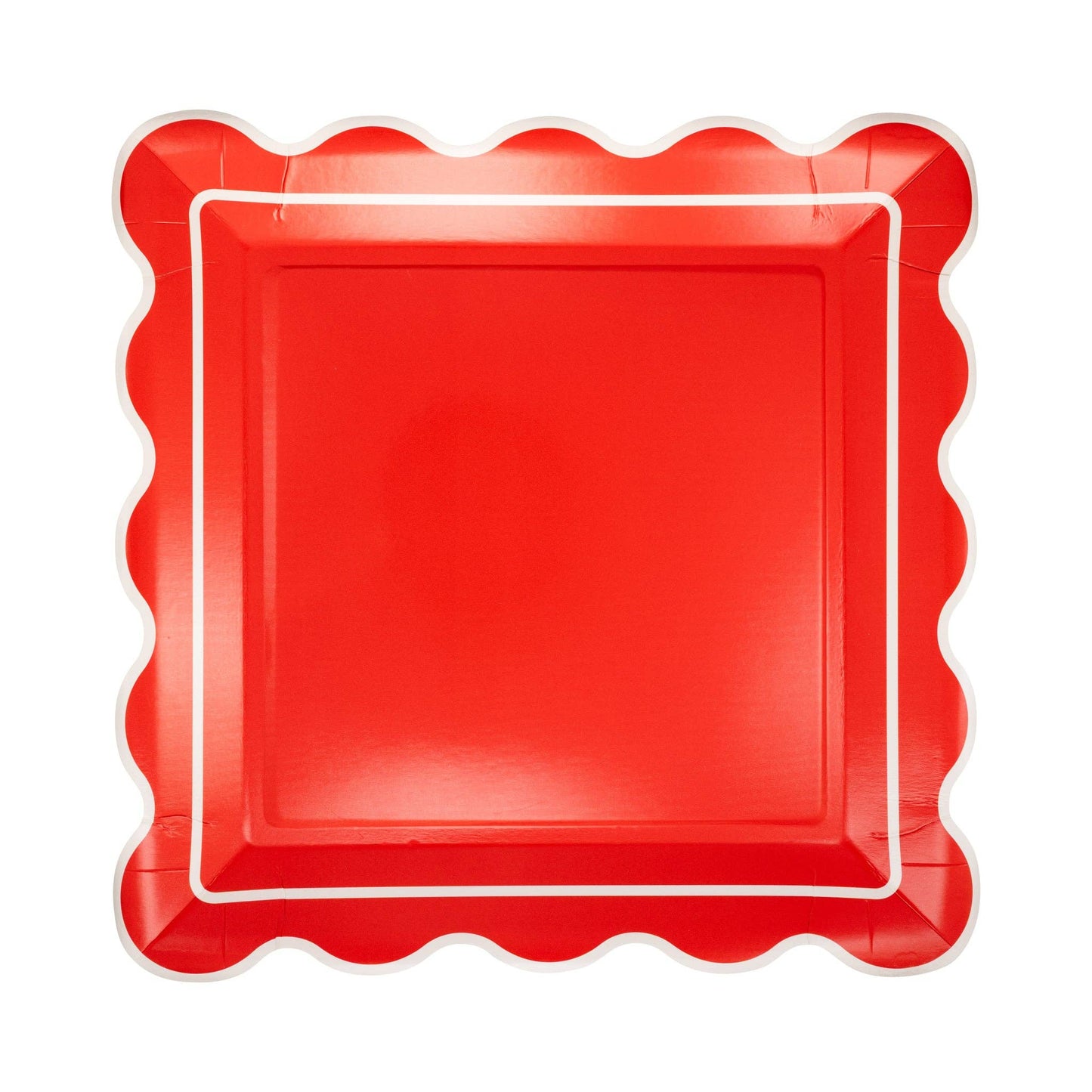 Red square plate with scalloped edge on a white background
