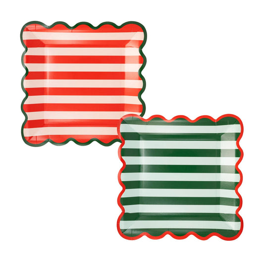 Two striped plates, one red and white, the other green and white, on a white background.