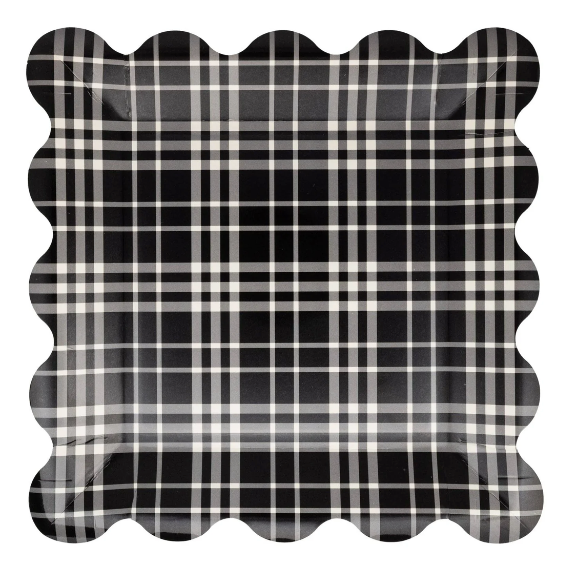 Falloween Plaid Scalloped Square Plate – festive square pie plate, black and white plaid paper plate with scalloped edge, perfect for thanksgiving, Friendsgiving, fall gatherings, halloween or school parties