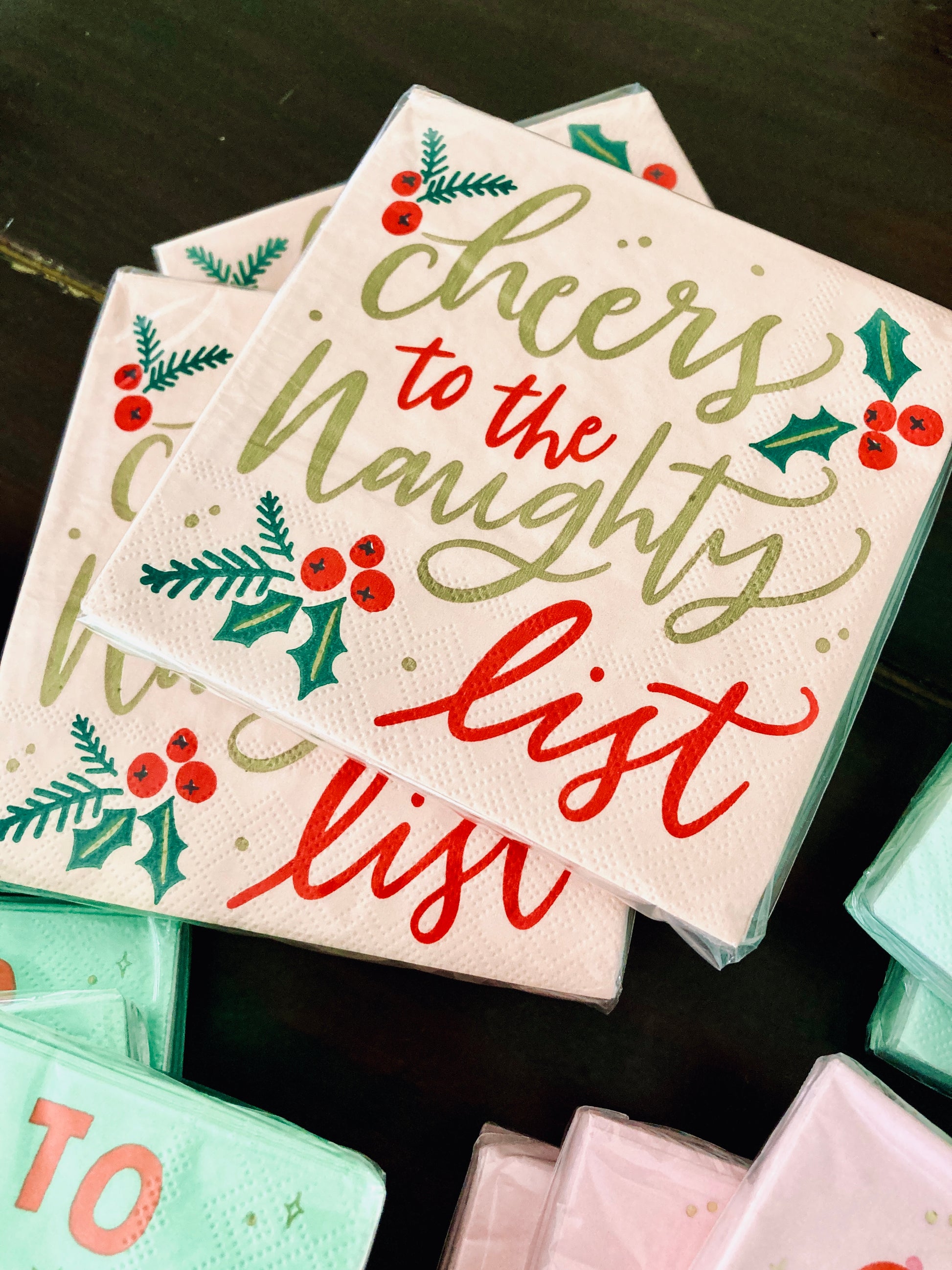 Get ready for some festive fun with Cheers to the Naughty List cocktail napkins! With 20 napkins in each pack, you'll have plenty to go around. These 3ply napkins are 5"x5" and perfect for spicing up your holiday party. Don't worry about being on the naughty list, just cheers your way through with these funny napkins!&nbsp;Festive Themed Beverage/Appetizer/Cocktail Napkins/Disposable Napkins for Holiday Parties and Entertainment 20ct Dimensions: 3 ply 5" x 5"