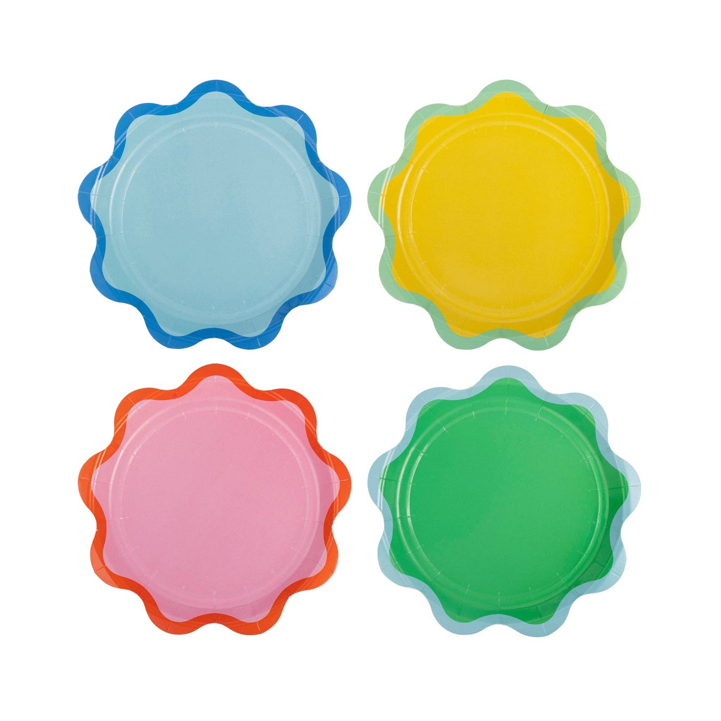 Colorful ric rac edge paper dessert plates in blue, yellow, pink, and green, perfect for birthday parties and celebrations.