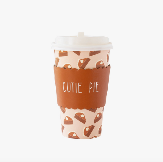 Cutie Pie To-Go Cup – 16 oz paper cup with lid & sleeve, cup features scattered slices of pumpkin pie, sleeve says "Cutie Pie", includes lid, perfect for pumpkin spiced lattes, coffee, wassail, cider or more for thanksgiving and Friendsgiving or pumpkin patch