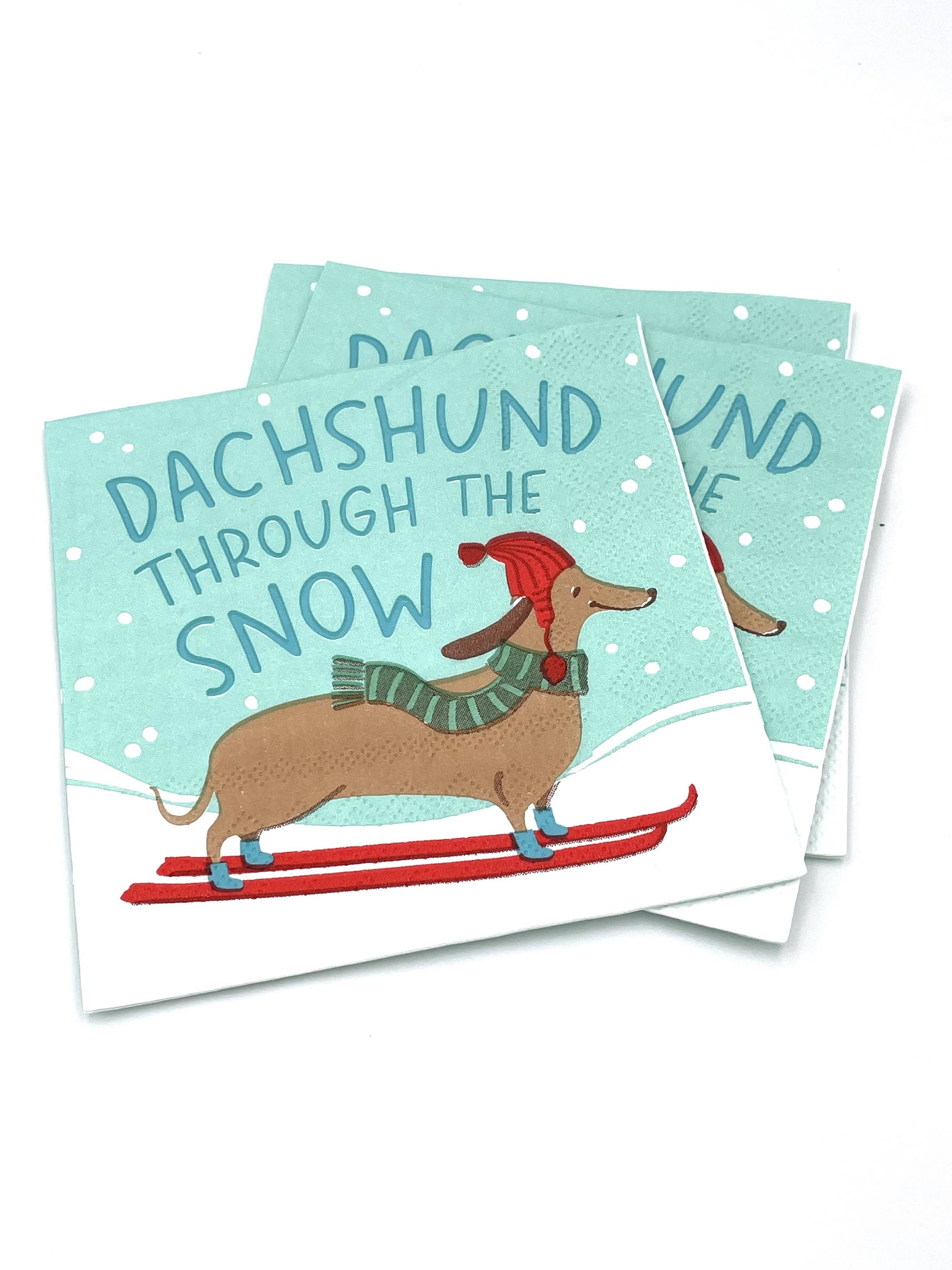Dachshund Through the Snow Funny Christmas Cocktail Napkins Festive Themed Beverage/Appetizer/Cocktail Napkins/Disposable Napkins for Holiday Parties and Entertainment 20ct Dimensions: 3 ply 5" x 5"