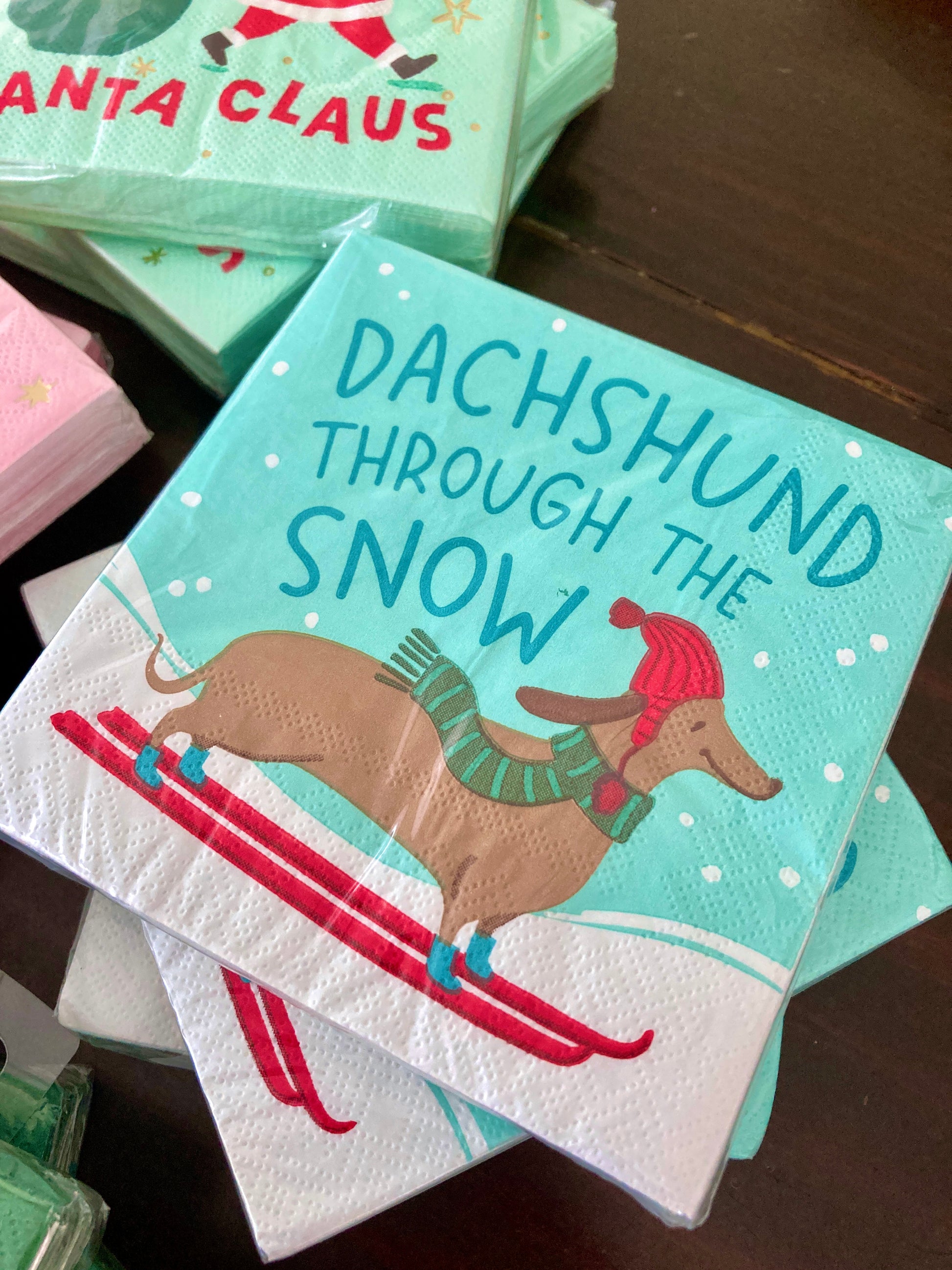 Daschund Through the Snow Funny Christmas Cocktail Napkins Festive Themed Beverage/Appetizer/Cocktail Napkins/Disposable Napkins for Holiday Parties and Entertainment 20ct Dimensions: 3 ply 5" x 5"