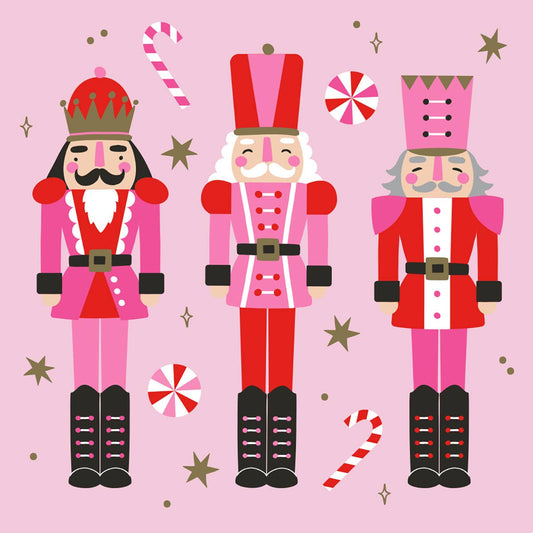 Add some festive flair to your holiday celebrations with these pink nutcracker cocktail napkins! The 3ply napkins come in a pack of 20, measuring 5"x5". Get ready to raise your glass and toast to a happy holiday season with these quirky, playful napkins.&nbsp;Festive Themed Beverage/Appetizer/Cocktail Napkins/Disposable Napkins for Holiday Parties and Entertainment 20ct Dimensions: 3 ply 5" x 5"