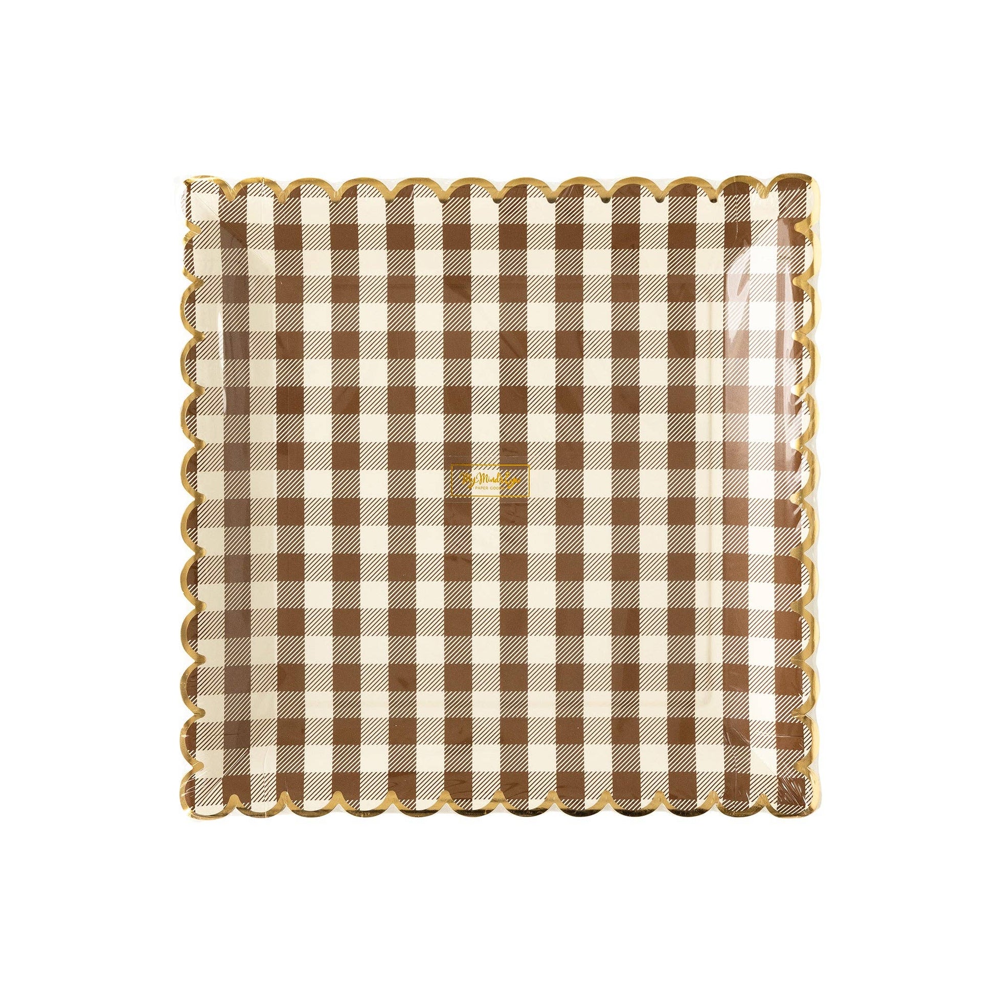 Serve up some serious style with our Brown Gingham Scalloped Plate! This harvest tabletop essential adds a pinch of charm to any meal. Whether your style is fun and festive or elegant and traditional, elevate your Thanksgiving tabletop game with this chic and playful design.

&nbsp;• 8 paper plates 
• 10" square plates with gold foil scalloped edges