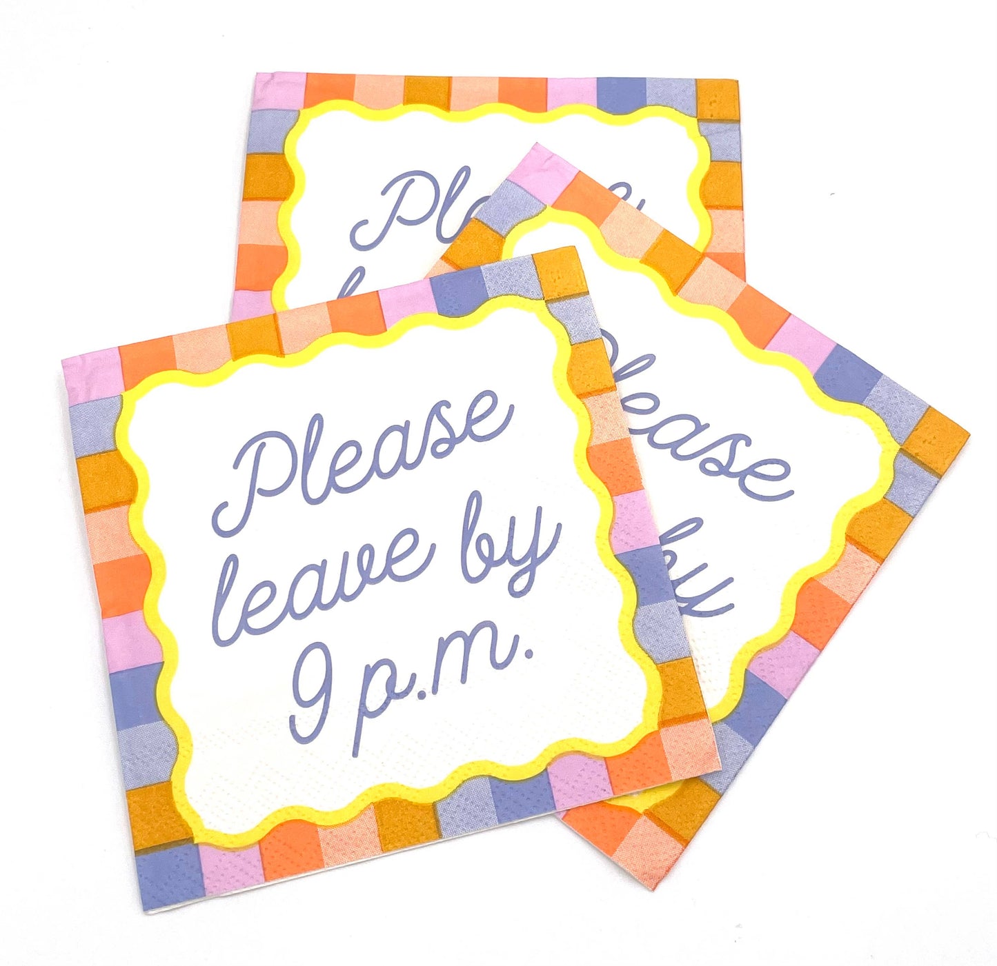 Add some humor to your next party with these "Please Leave By 9 PM" cocktail napkins! With a colorful design and 3ply material, these 5"x5" napkins are perfect for any gathering. Keep things light and fun with these quirky napkins. (Please don't make us kick you out at 9 PM)