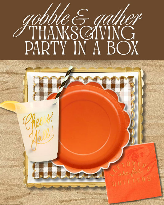 Thanksgiving Party in a Box – festive plates, napkins, and cups for holiday entertaining, white paper plate with gold scalloped edge, brown gingham paper plate with gold scalloped edge, rust orange paper plate with scalloped edge, thanksgiving napkins that are rust orange with "Leftovers are for Quitters" in golf foil, party cups that are shatterproof and dishwasher safe that say "Cheers Y'all!" in metallic gold, perfect for thanksgiving or friendsgivng hosting