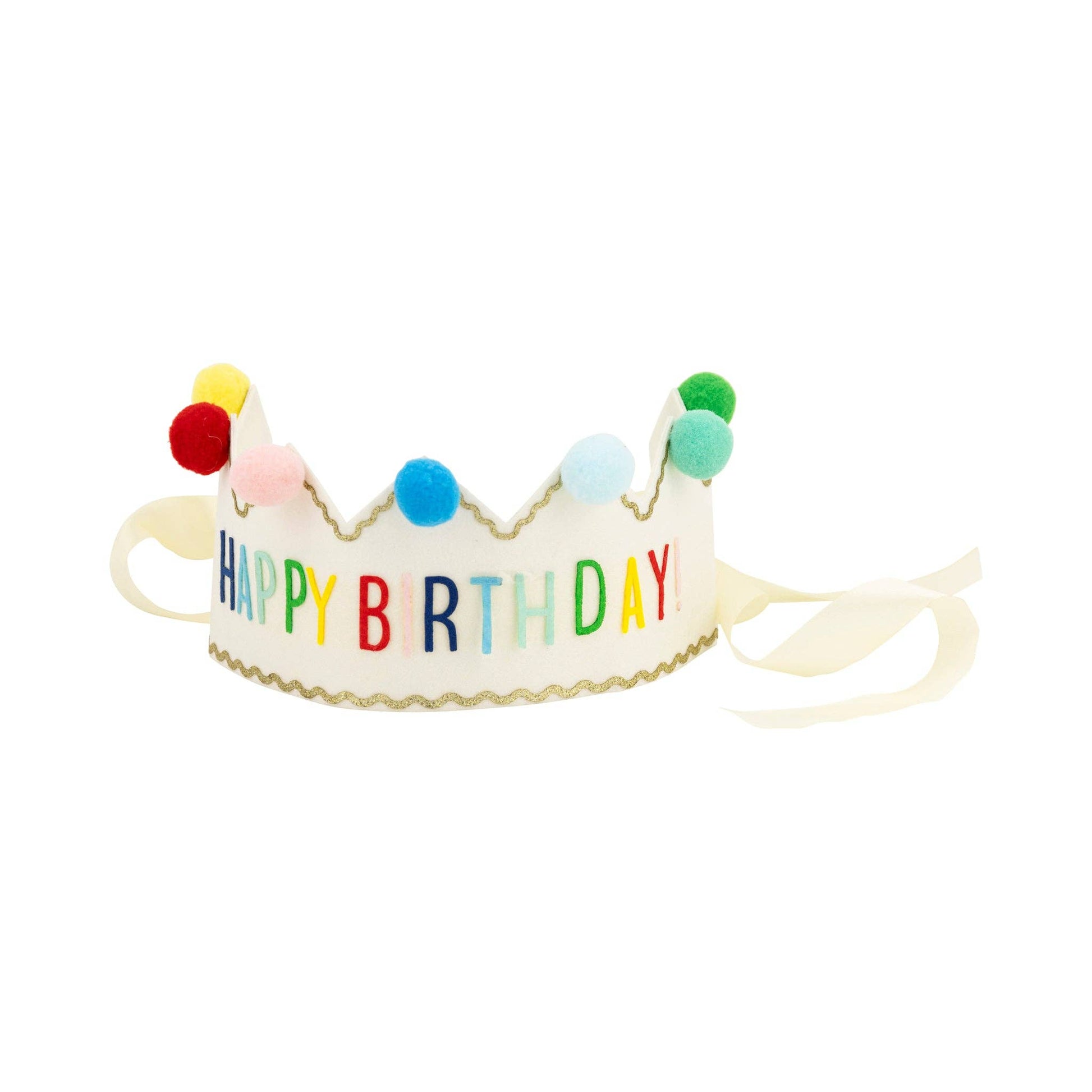 "A soft felt Happy Birthday crown featuring bright pom-poms and adjustable ribbon ties for a perfect fit. This festive birthday accessory is great for kids and adults, making it ideal for parties, cake smash photos, and milestone celebrations. A fun and stylish way to make the birthday star stand out!" birthday crown, felt birthday hat, birthday accessories, pom-pom crown, kids birthday party, first birthday outfit, birthday photo prop, celebration crown, party headwear, birthday