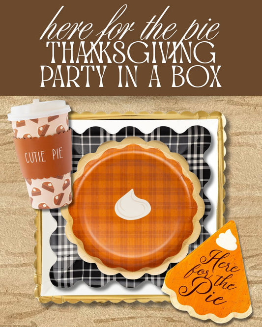 Here for the Pie Party in a Box – complete Thanksgiving dessert set, pumpkin pie plate, here for the pie napkins, cutie pie to go cup, plaid dinner plates, white dinner plates with gold scalloped edge. Buy all together as a party in a box for 10% off the total price. Thanksgiving hosting, Friendsgiving hosting, fall dinner plates, kids thanksgiving party