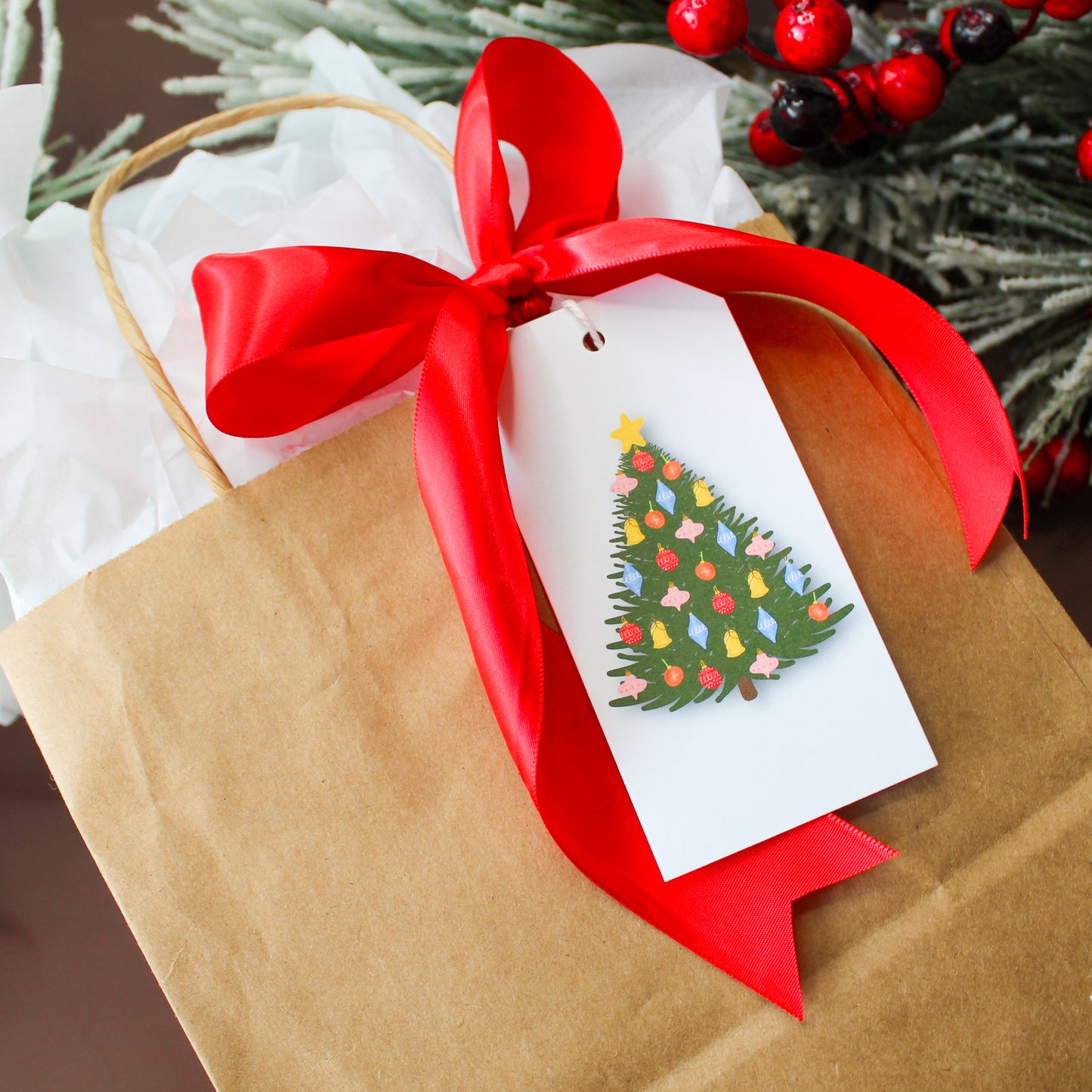 Our Colorful Vintage Ornament Christmas Tree gift tags add a festive touch to your holiday presents. These cute tags come in sets of eight and include pre-cut string. 