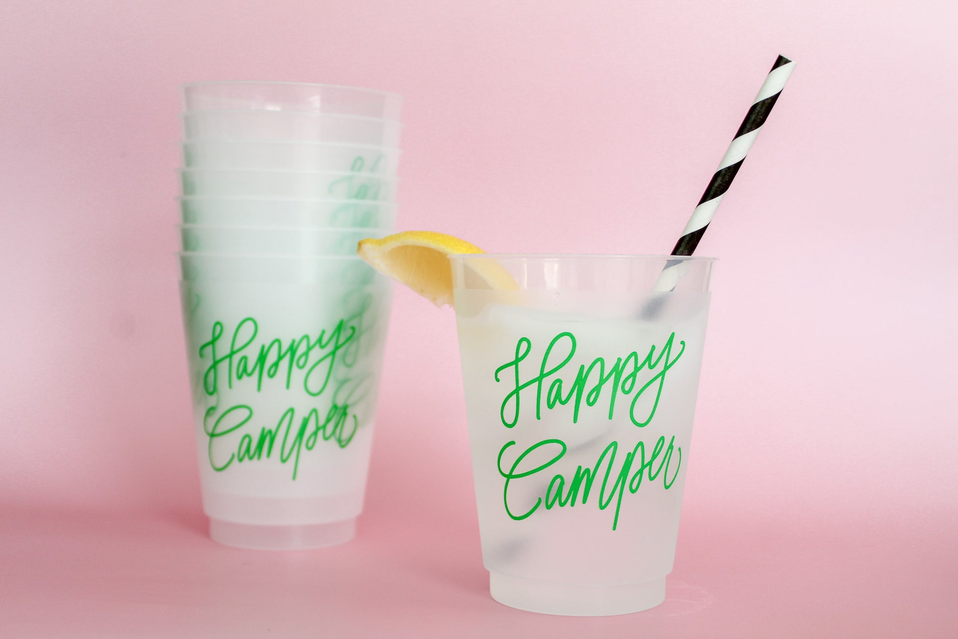 These Happy Camper cups are perfect for your next camping trip. Best of all, you can store these cups in your camper or travel trailer and use these time and time again - they're dishwasher safe!    These camping friendly cups come in a cellophane sleeve with a black and white striped ribbon tied in a bow at the top. 