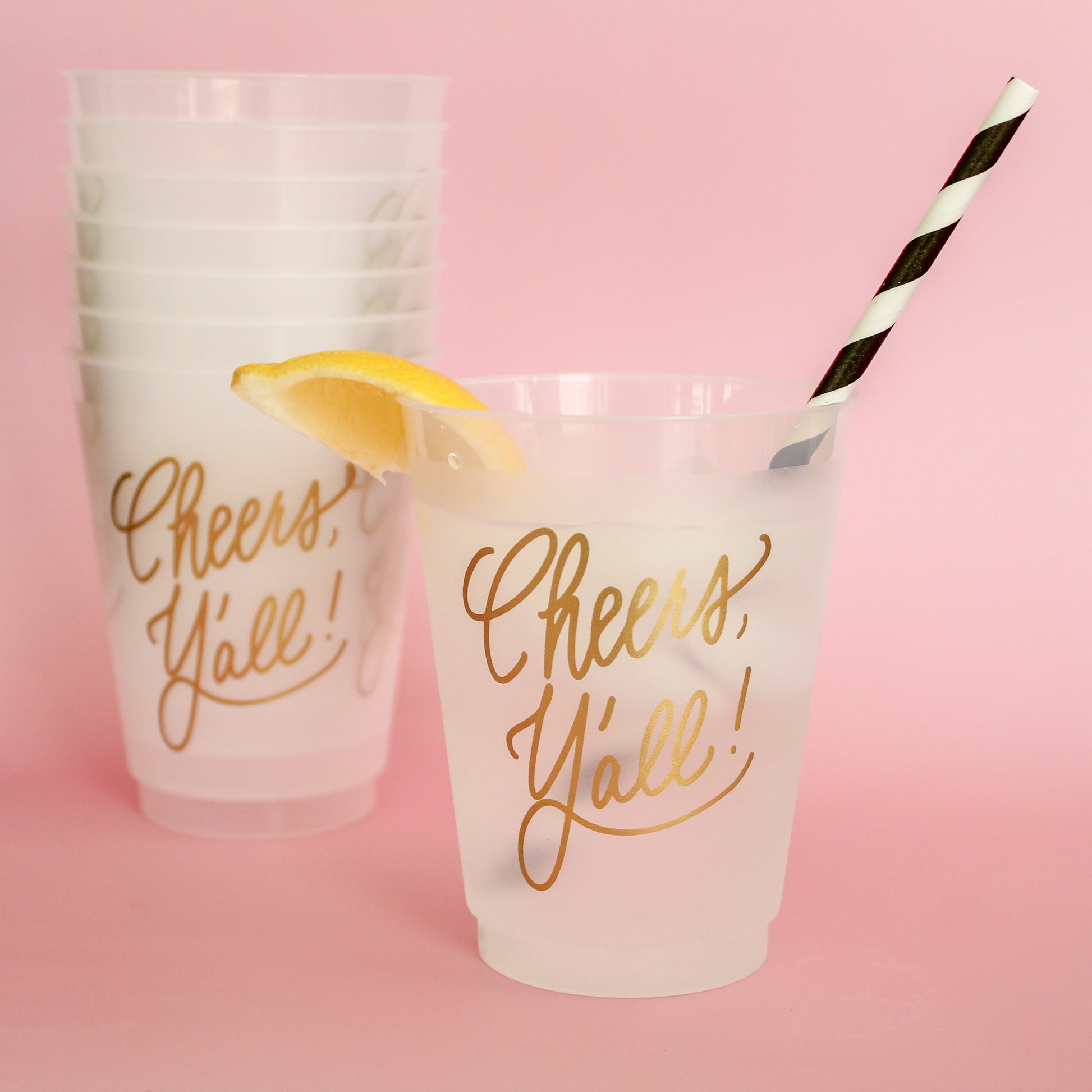 Cheers Y’all Party Cups – reusable frosted cups for Thanksgiving parties and Friendsgiving, frost flex, shatterproof and dishwasher safe cups with "cheers y'all!" printed in metallic gold, perfect for thanksgiving, friendsgiving or holiday cocktails