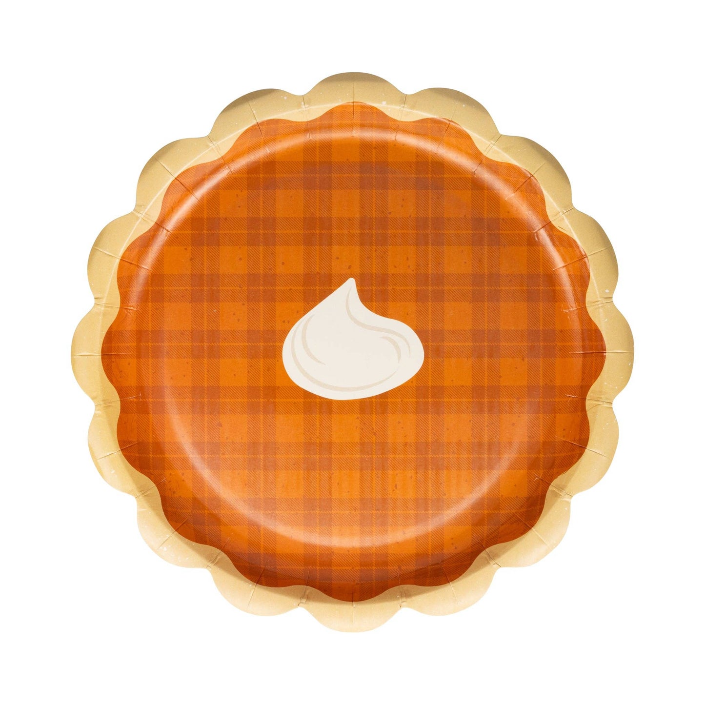 Pie Dessert Paper Plate – novelty pumpkin pie–shaped plate, a 8.5" plate with a scalloped edge and pumpkin pie print with plaid details and a whipped cream dollop in the middle. Perfect for thanksgiving, Friendsgiving or kids fall school parties - dessert table or dinner plates