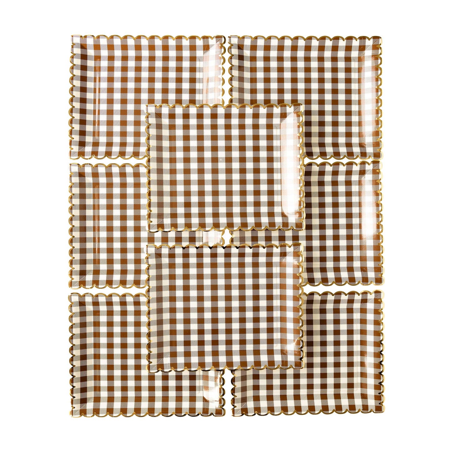 Serve up some serious style with our Brown Gingham Scalloped Plate! This harvest tabletop essential adds a pinch of charm to any meal. Whether your style is fun and festive or elegant and traditional, elevate your Thanksgiving tabletop game with this chic and playful design.

&nbsp;• 8 paper plates 
• 10" square plates with gold foil scalloped edges