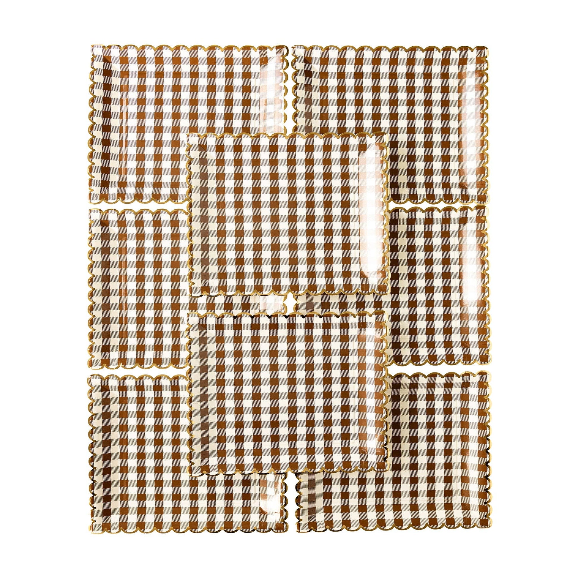 Serve up some serious style with our Brown Gingham Scalloped Plate! This harvest tabletop essential adds a pinch of charm to any meal. Whether your style is fun and festive or elegant and traditional, elevate your Thanksgiving tabletop game with this chic and playful design.

&nbsp;• 8 paper plates 
• 10" square plates with gold foil scalloped edges