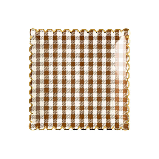 Serve up some serious style with our Brown Gingham Scalloped Plate! This harvest tabletop essential adds a pinch of charm to any meal. Whether your style is fun and festive or elegant and traditional, elevate your Thanksgiving tabletop game with this chic and playful design.

&nbsp;• 8 paper plates 
• 10" square plates with gold foil scalloped edges