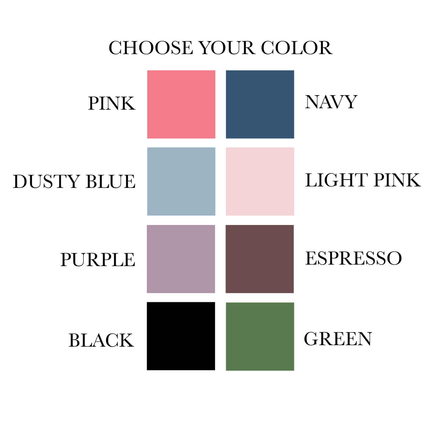 color chart showing 8 options for custom baby stationery including pink, navy, and green