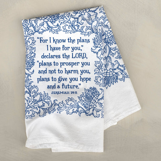 Made in USA scripture tea towel screen printed in diode blue on clean white cotton