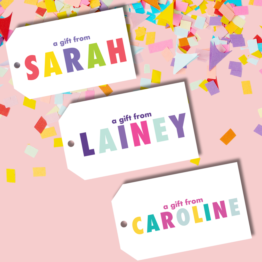 custom girls name gift tags, girls custom birthday gift tags, custom rainbow name gift tags, custom kids gift tags, custom kids birthday present gift tags, custom bright name gift tags, custom colorful gift tags, custom bachelorette party gift tags, custom bridal party gift tags, custom hostess gift tags, custom shower gift tags