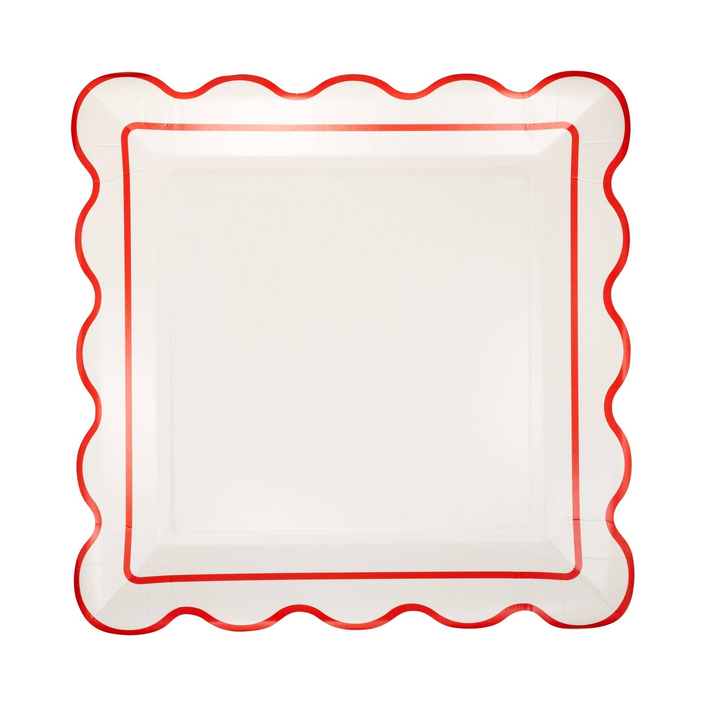 white christmas paper plate with red border and scalloped edge